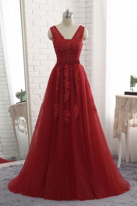 Gorgeous Red V-Neck Lace Beaded Prom Dress,Tulle A-Line Evening Dress 