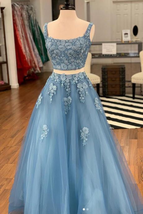 Blue two pieces straps lace prom dress,tulle evening dress