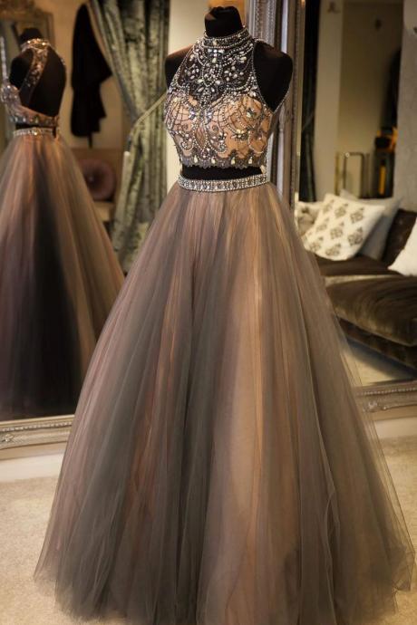 Charming Gray Two Pieces High Neck Beaded Prom Dress,Tulle Evening Dress