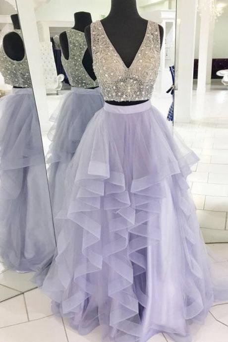 A-Line Two Pieces Beaded Bodice Lavender Prom Dress,Ruffles Skirt V-Neck Long Evening Dress