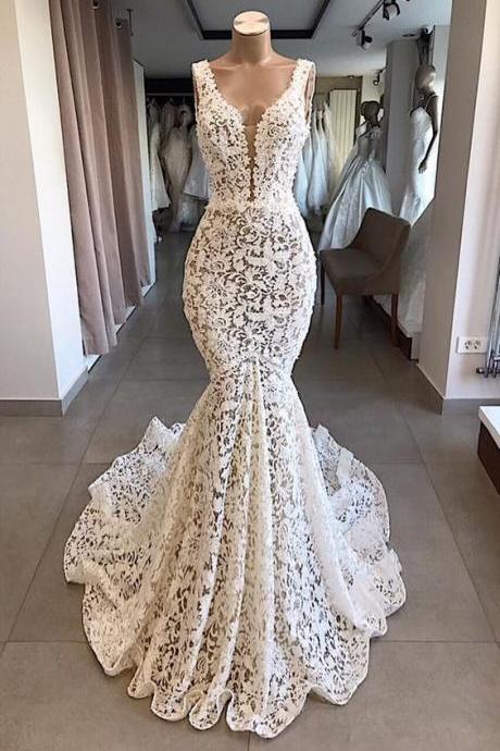 Mermaid Lace V Neck Long Prom Dresses Wedding Dresses Ivory Chic Bridal Gowns 