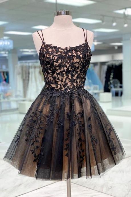 Black Lace Applique Homecoming Dress,Tulle Short Prom Dress,A line Party Dress,Black Dresses