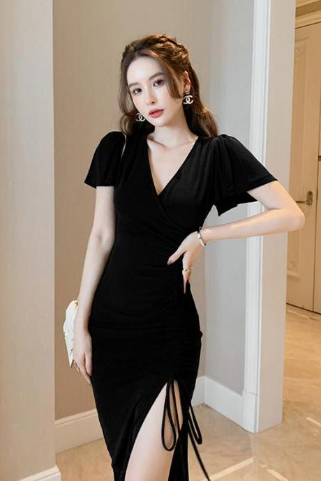 Sexy V-neck drawstring dress side slit Hepburn style little black skirt 9218