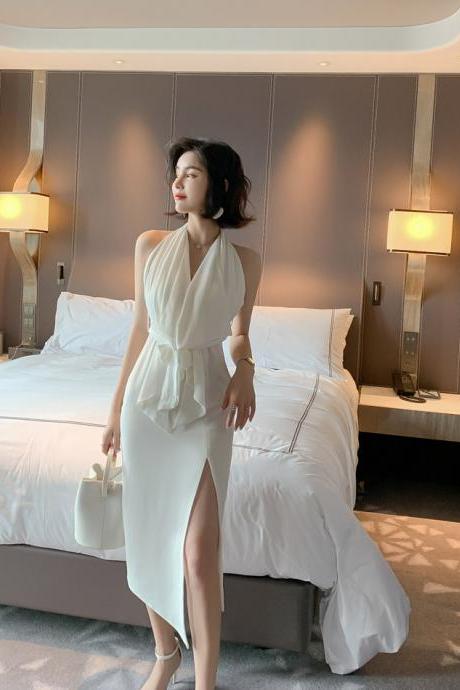 Evening Dress Temperament White Hanging Neck Backless Lace-up Dress 1958