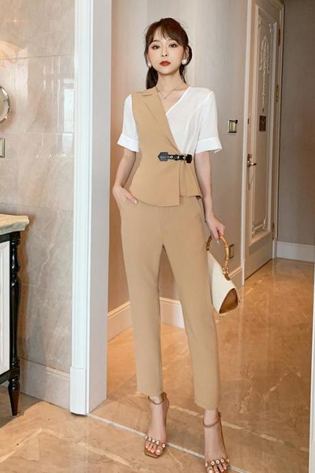 Business Suit Women&amp;amp;#039;s Summer V-neck Design Sense Irregular Top Suit Casual Pants Two-piece Set 5023