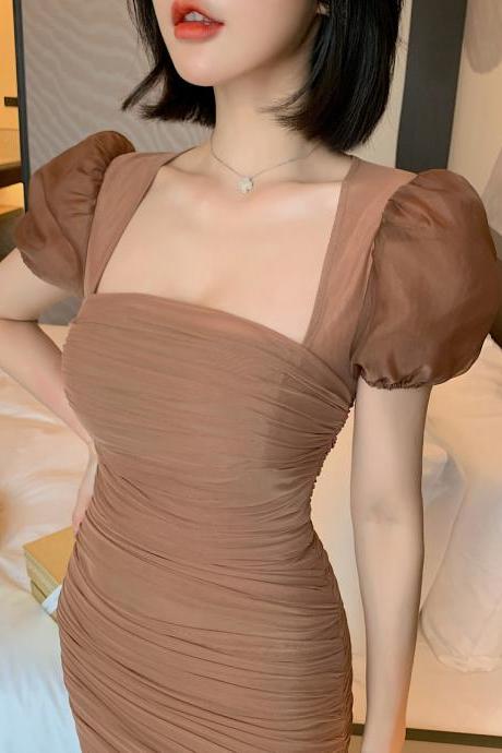 2022 European and American sexy square collar puff short sleeves hip dress 9201