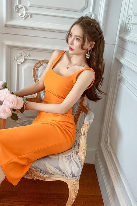 yellow Camisole Dress hip wrap Slim fit backless Square neck design Long skirt 4112