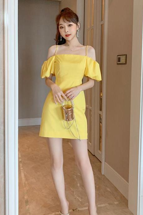 Fashionable Puff Sleeves Off-the-shoulder Slip Dress 5002