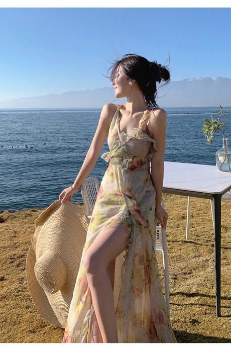French retro v-neck oil painting print dress beach holiday beach dress open-back suspender maxi dress