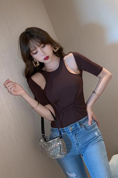 short sleeve brown t-shirt ins sexy hollow Off-the-shoulder top 4144