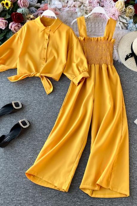 2022 Two pieces Suit High-waisted wide-leg jumpsuit short western-style shirt