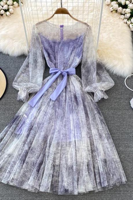 Super Fairy Ink Puff Sleeve Round Neck Mesh Dress