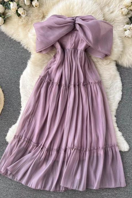 Purple Off-the-shoulder Chiffon Floaty Over-the-knee Dress