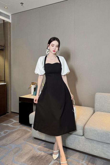 Hepburn-style elegant little black dress puff sleeves square neck dress 9478