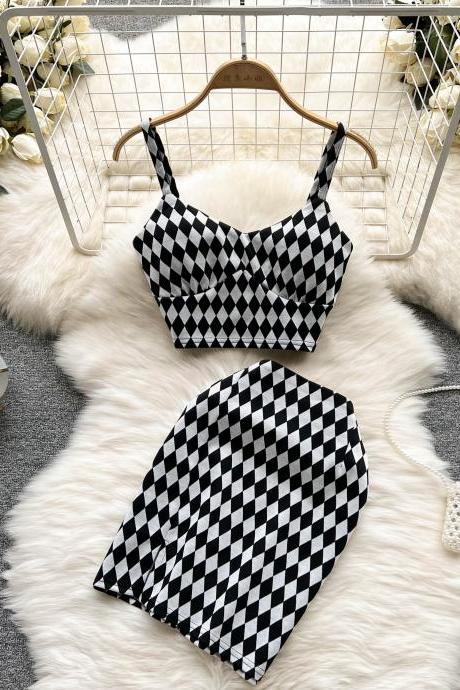 Checkerboard short suspender top two-piece set skirt 