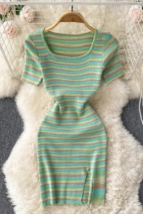 Square Neck Striped Slit Short Sleeve Knit Dress