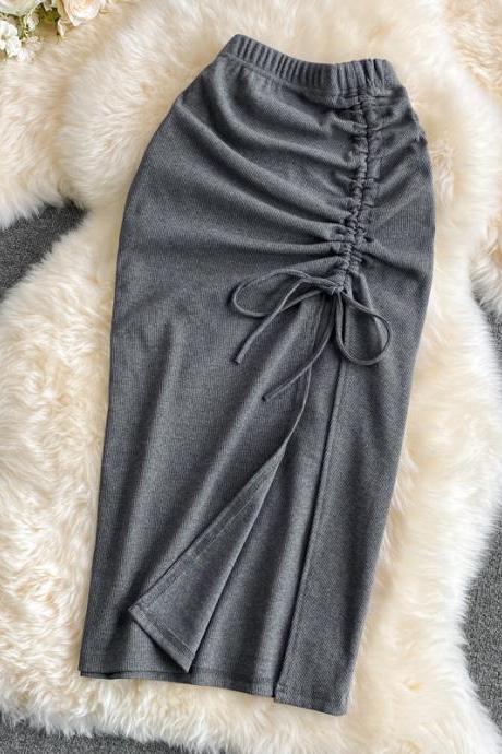 High Waist Drawstring Slit Bodycon Skirt