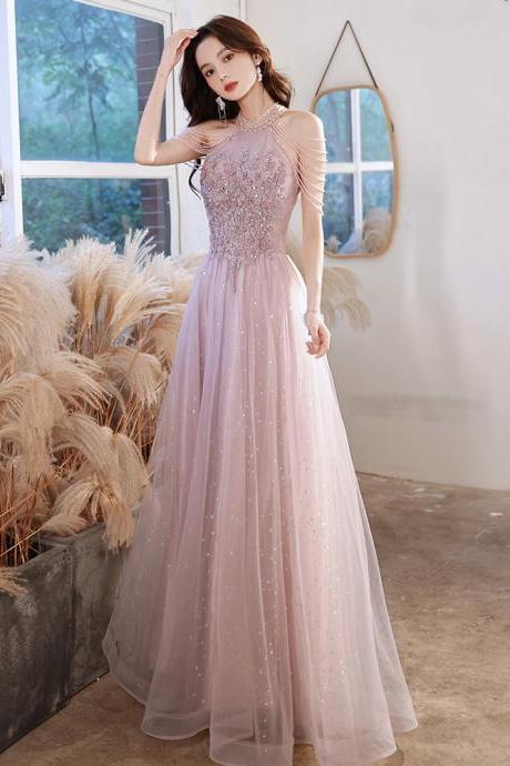 Pink Halter Beading Tulle Prom Dress,long Formal Gowns