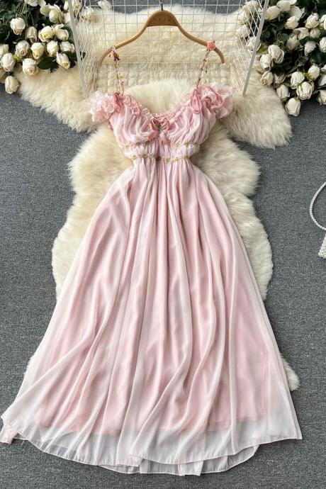 Sweet V-neck Pink Pleated Chiffon Dress