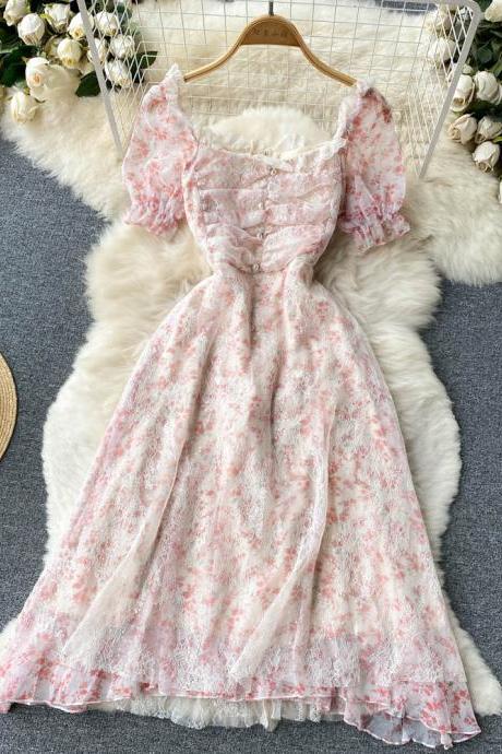 Pink French Tie Square Neck Lace Floral Dress