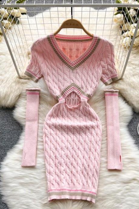 Pink Hollow V-Neck Knit Dress