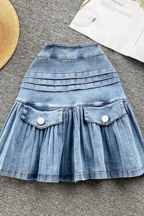 trendy denim pleated a-line skirt