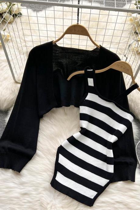striped slip dress knitted cardigan two piece set