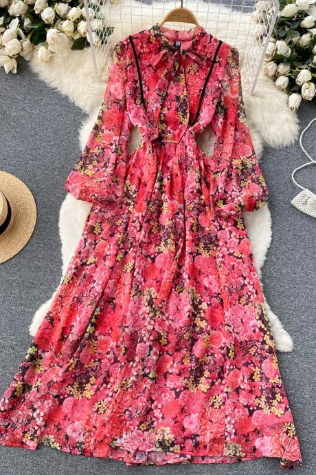 Red Floral Long Sleeve A Line Printed Dress