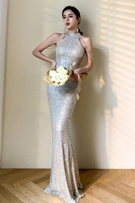 Luxurious Sequins Mermaid Prom Dress,halter Formal Dress
