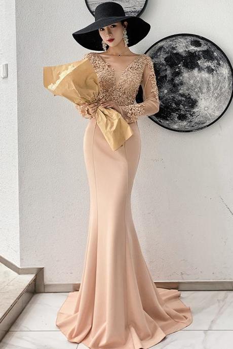 Charming long sleeved v neck appliqued prom dress,mermaid evening dress with train
