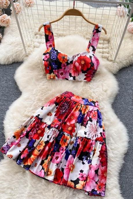 Printed suit cropped camisole two piece short skirt