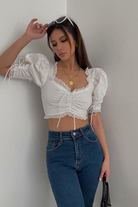 V-Neck Strap Cropped Shirt Puff Sleeve White Top