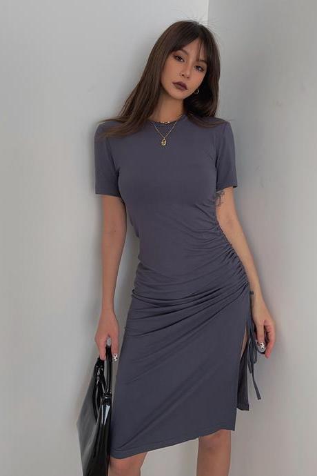 Side Slit Drawstring Short-sleeve Dress