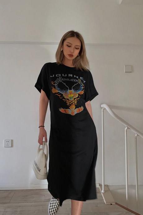 Black Print Mid Length Loose Short Sleeve T-shirt Dress