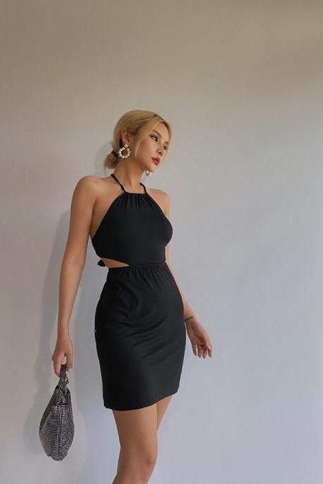 Open-Back Cutout Lace-Up Black Halter Dress