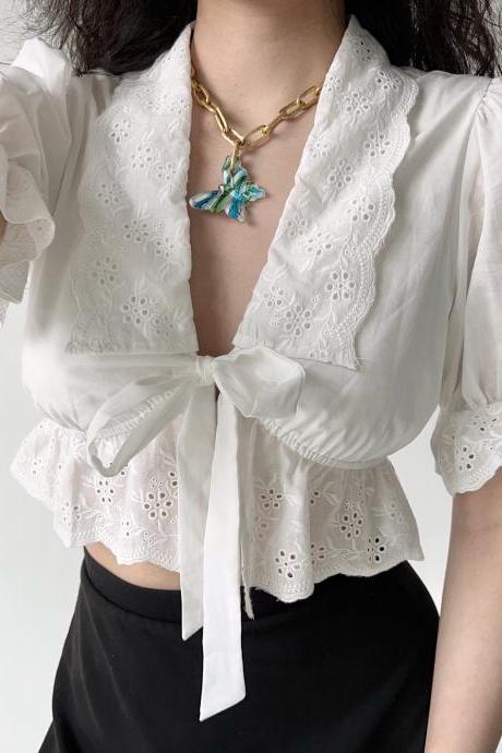 Court Style Puff Sleeve Embroidered Tie White Shirt