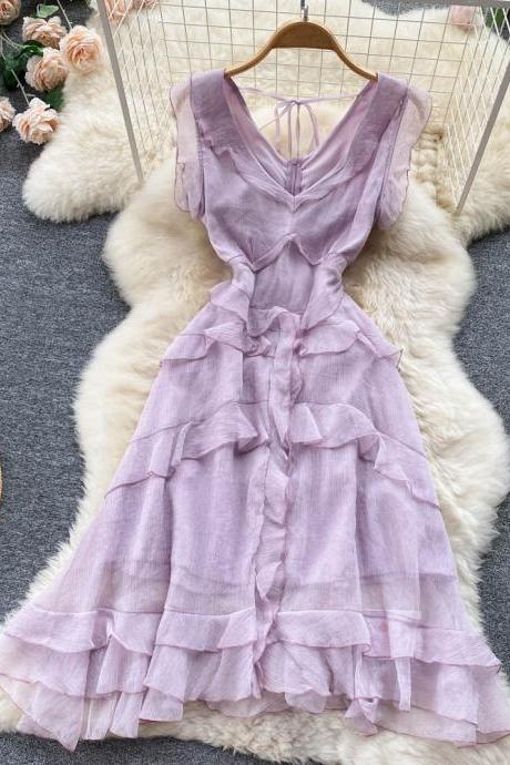 Purple V-neck ruffled cake dress