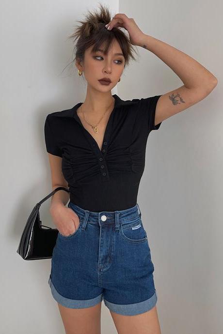 Sexy deep V pleated short-sleeved crop top