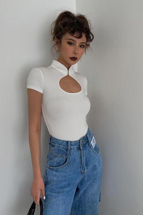 Retro Cheongsam Collar Hollow Short Sleeve T-shirt Sexy Girl Short Top