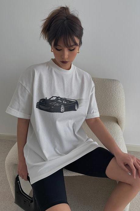 White cool street girl sports car print loose short-sleeved T-shirt