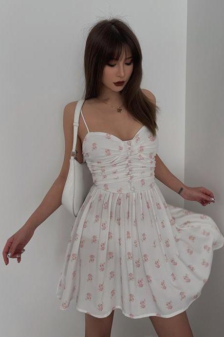 French Romantic Floral Print Lace-Up Mini Dress