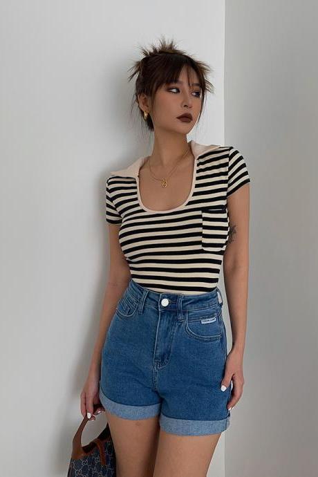 U-neck striped short-sleeved T-shirt crop top