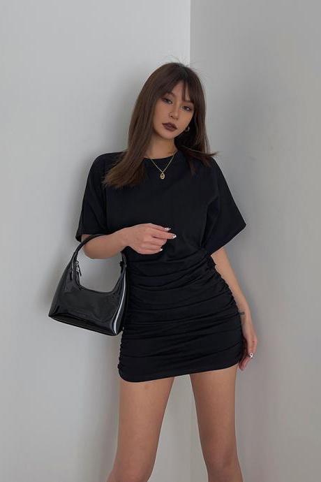 Pleated Short Sleeve Dress With Hip Wraps