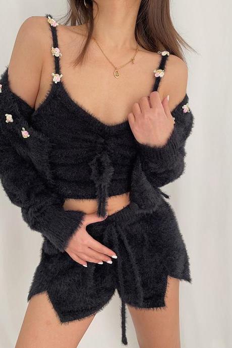 Sexy Black Mohair Knit Cardigan Sling Shorts Suit Three-piece Sets