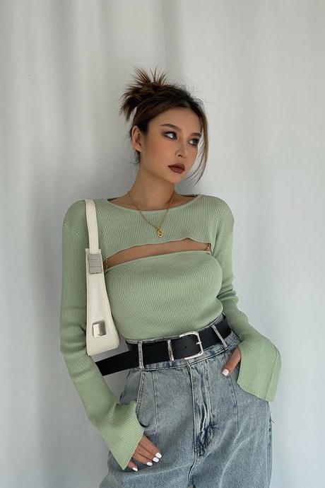 Two-piece chain suspender long-sleeve sweater top