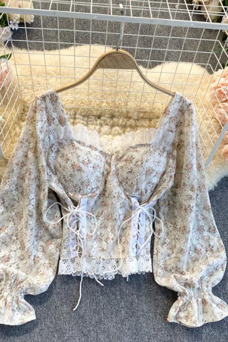 Long sleeve floral lace tie cropped top
