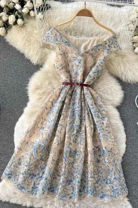 Embroidered Sleeveless V-Neck A-Line Vintage Dress