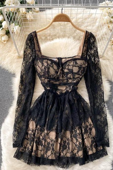 Black V-Neck Long Sleeve Lace High Waist A-Line Dress