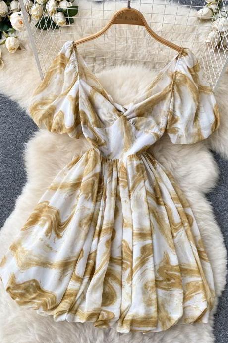 Vintage V-Neck Puff Sleeve Dress Puffy A-Line Dress