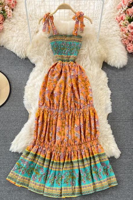 Printed Slip Dress Travel Ruffle Long Chiffon Dress